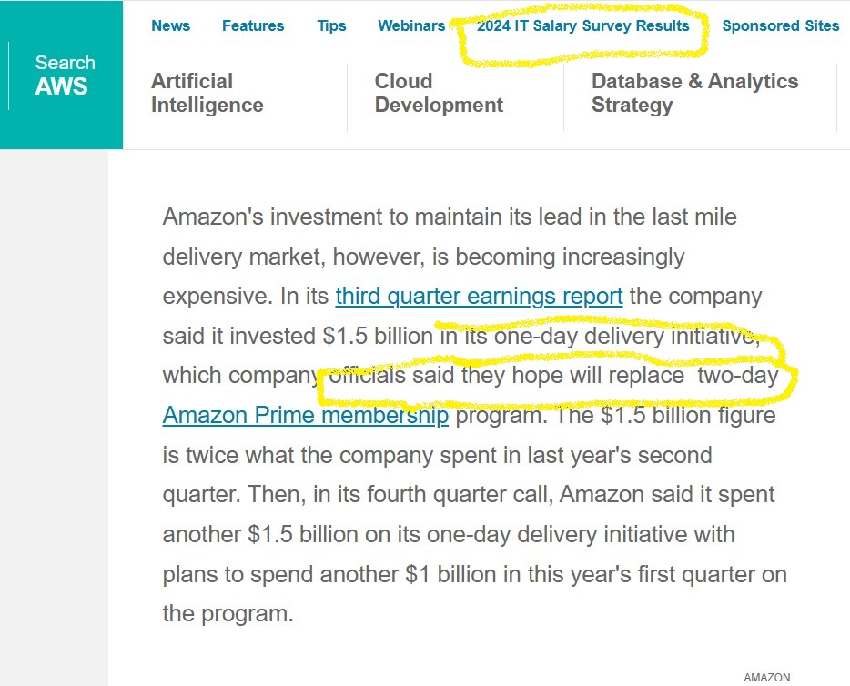 Article discussing Amazon's investment in one-day delivery and last-mile logistics
